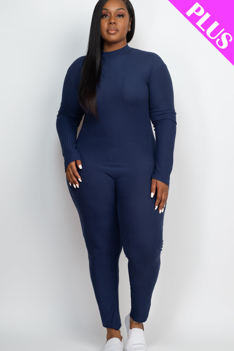Plus Size Ribbed Mock Neck Long Sleeve Casual Jumpsuit (CAPELLA)