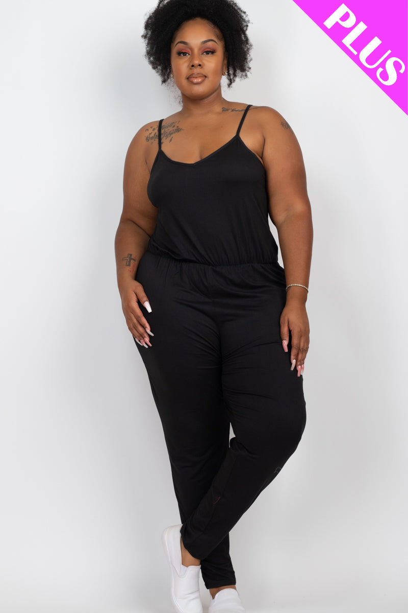 Plus Size Solid Spaghetti Strap Elastic Waist Jumpsuit (CAPELLA)