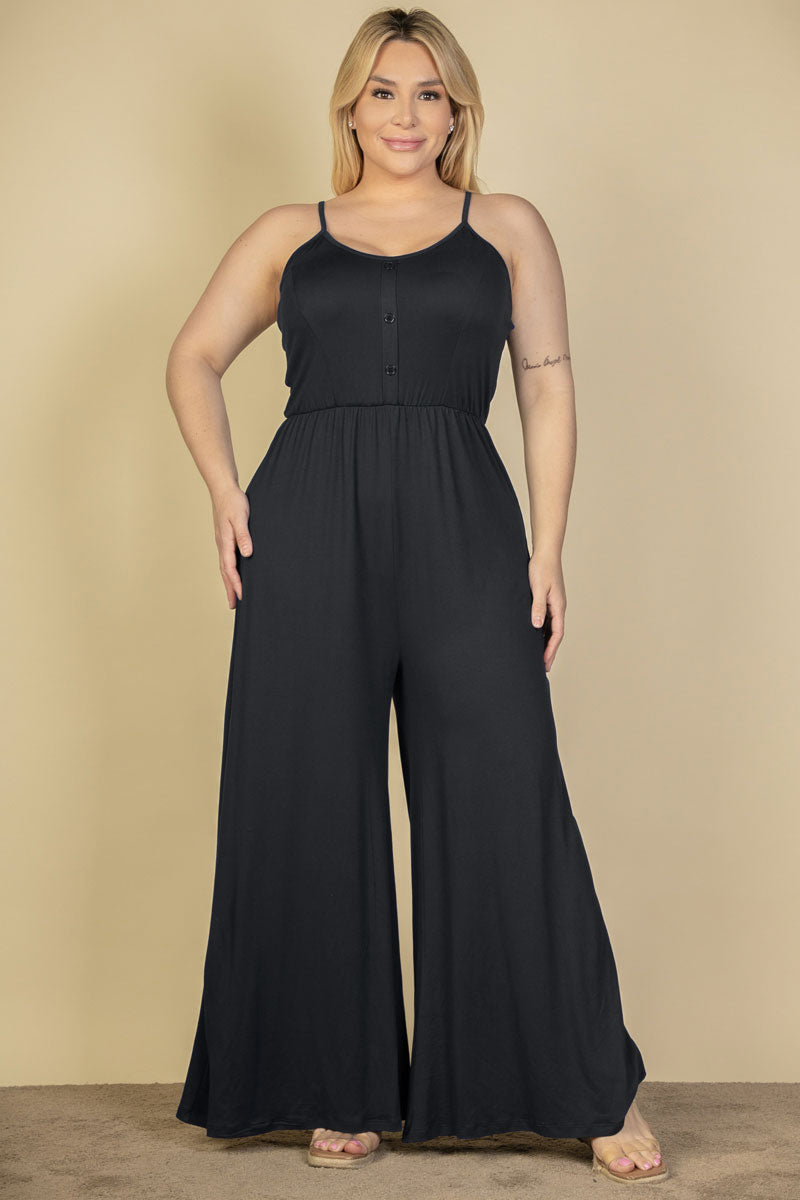Plus Size Button Front Wide Leg Jumpsuit (CAPELLA)
