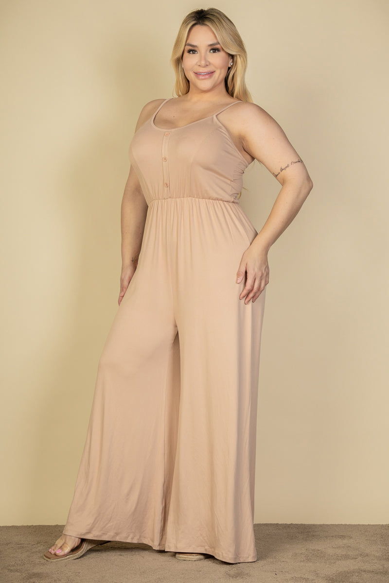 Plus Size Button Front Wide Leg Jumpsuit (CAPELLA)