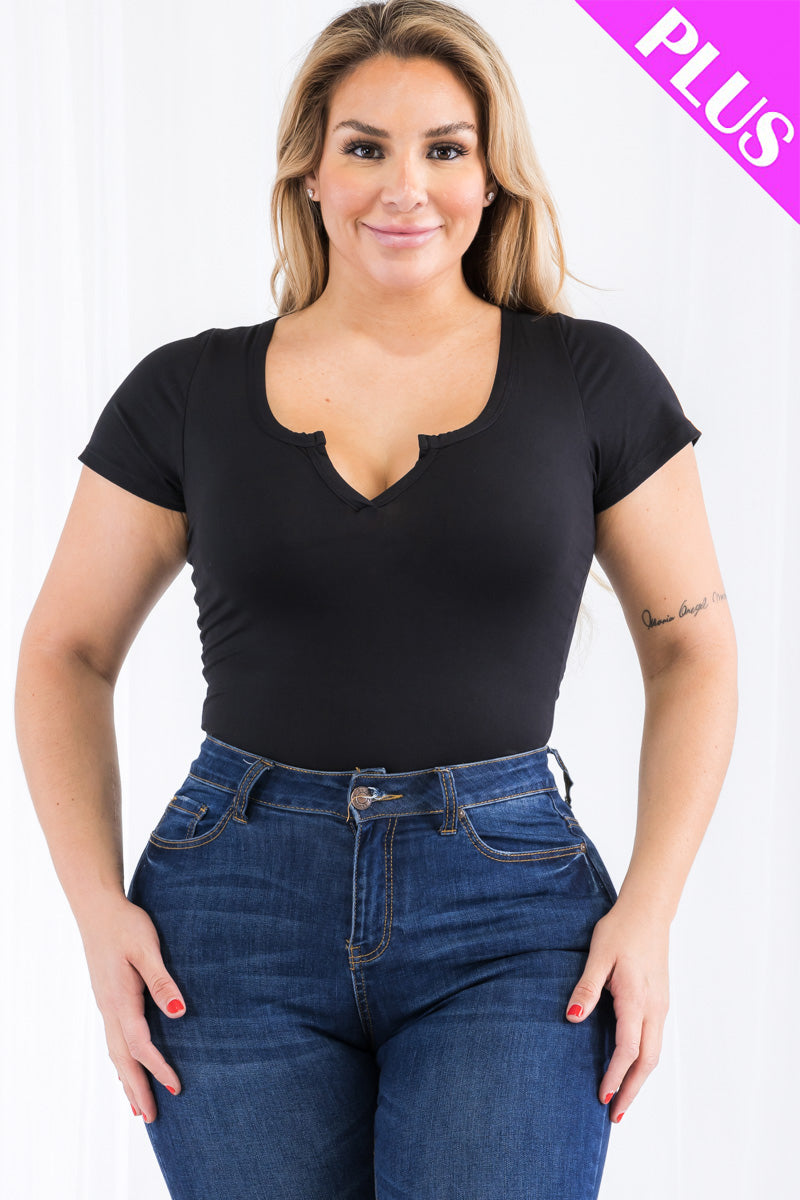Plus Size Casual Split Neck Solid Short Sleeve Bodysuit (CAPELLA)