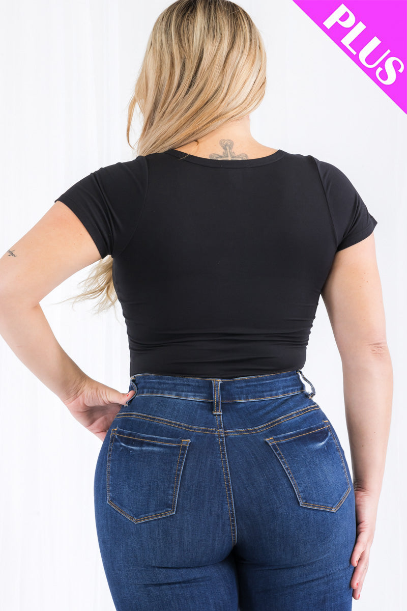 Plus Size Casual Split Neck Solid Short Sleeve Bodysuit (CAPELLA)