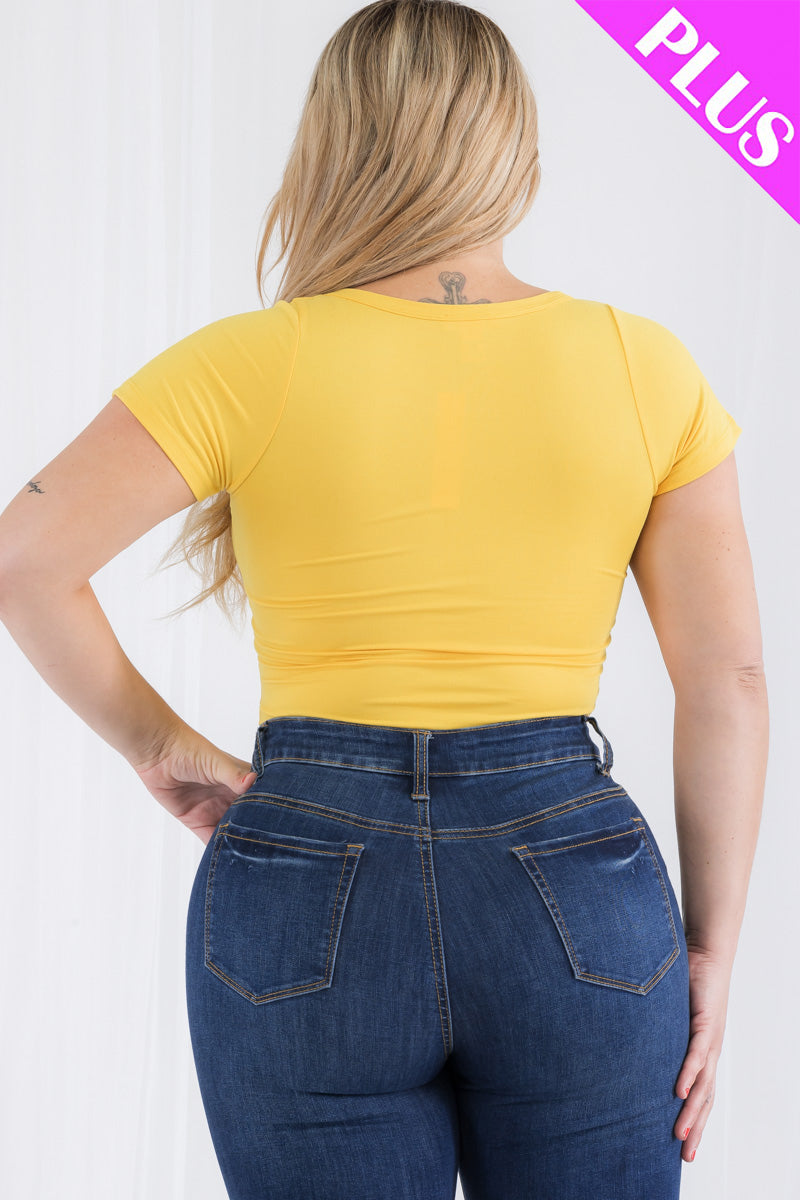 Plus Size Casual Split Neck Solid Short Sleeve Bodysuit (CAPELLA)