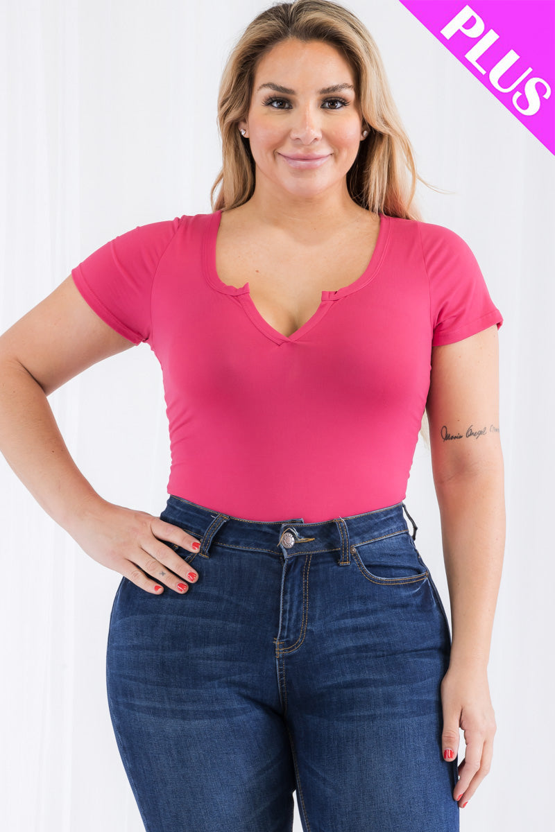 Plus Size Casual Split Neck Solid Short Sleeve Bodysuit (CAPELLA)