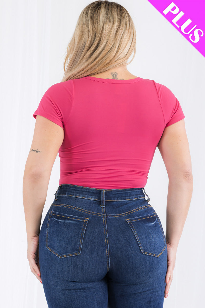 Plus Size Casual Split Neck Solid Short Sleeve Bodysuit (CAPELLA)