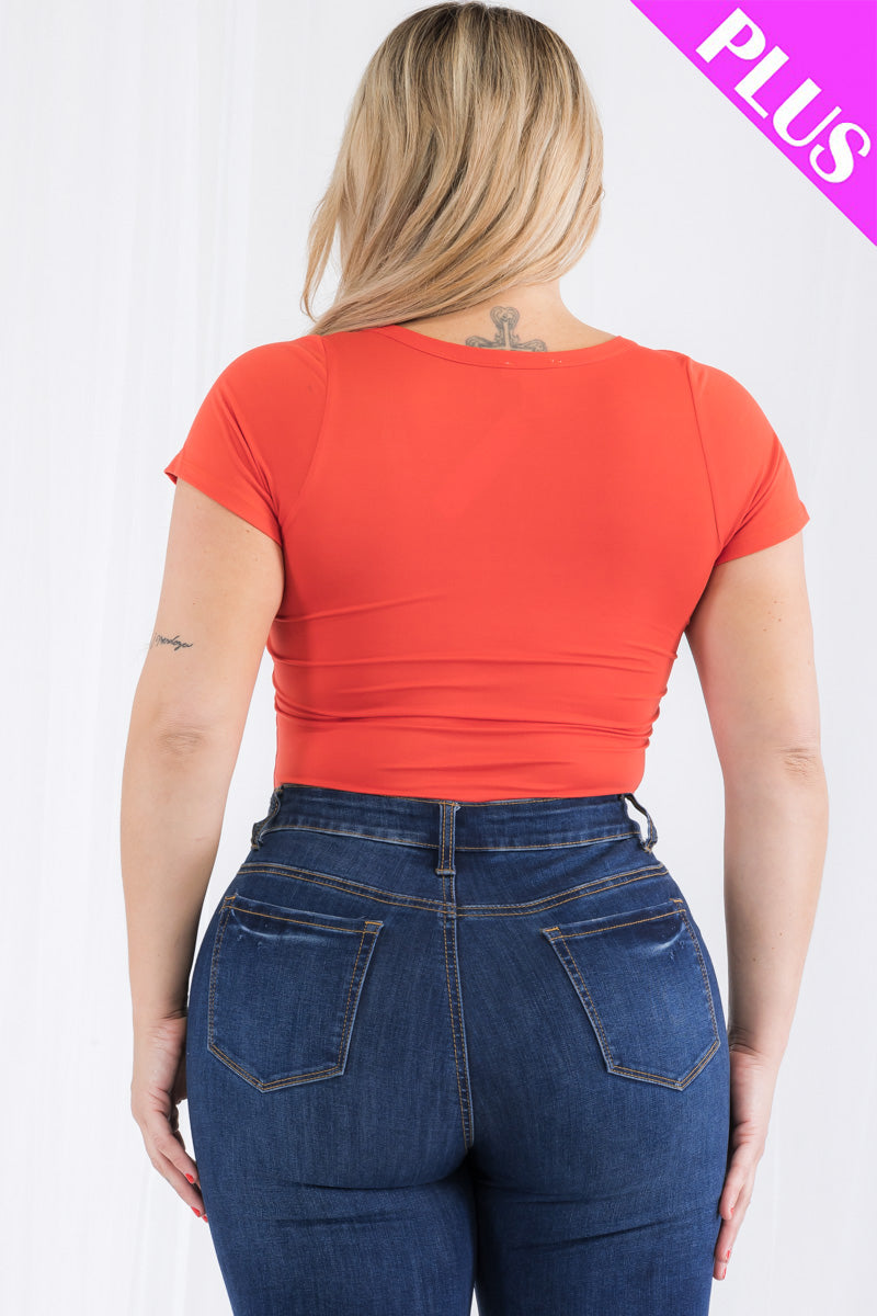 Plus Size Casual Split Neck Solid Short Sleeve Bodysuit (CAPELLA)