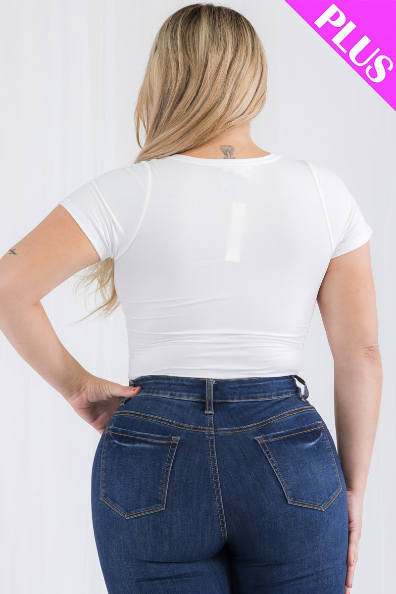 Plus Size Casual Split Neck Solid Short Sleeve Bodysuit (CAPELLA)