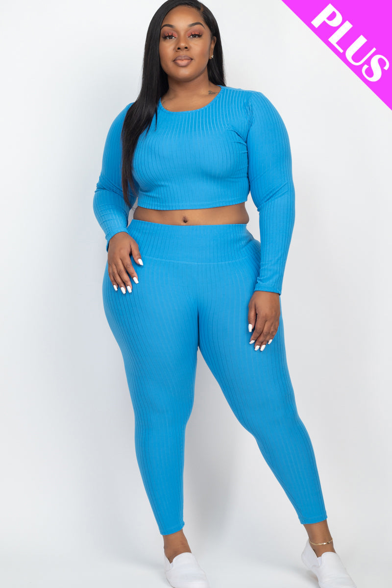 Plus Size Ribbed Long Sleeve Crop Top & Leggings Set (CAPELLA)