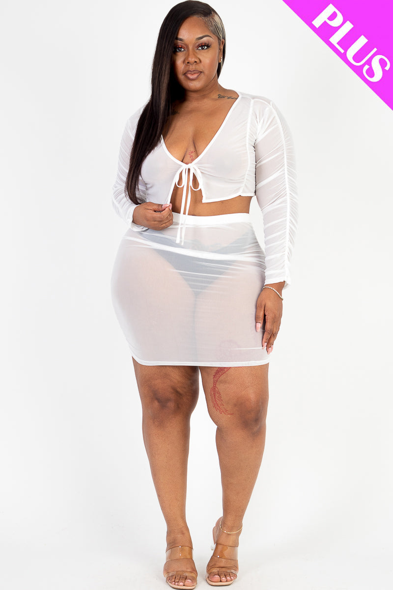 Plus Size Sheer Mesh Tie Front Crop Top & Ruched Side Mini Dress (CAPELLA)