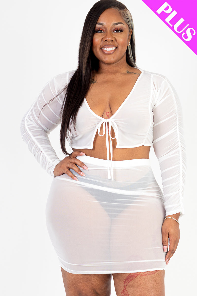Plus Size Sheer Mesh Tie Front Crop Top & Ruched Side Mini Dress (CAPELLA)