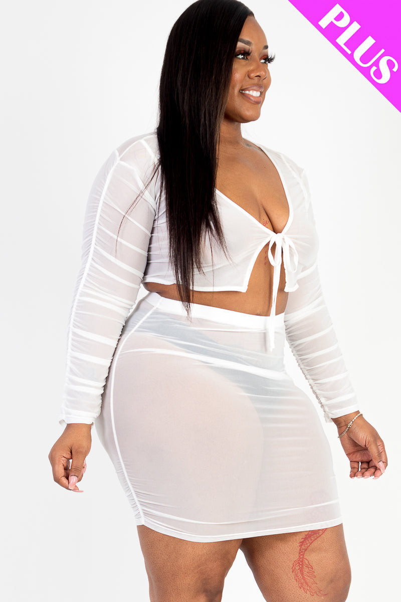 Plus Size Sheer Mesh Tie Front Crop Top & Ruched Side Mini Dress (CAPELLA)