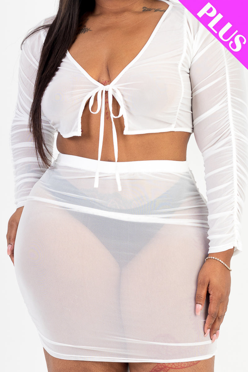 Plus Size Sheer Mesh Tie Front Crop Top & Ruched Side Mini Dress (CAPELLA)