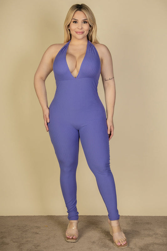 Plus Size Halter V Neck Ribbed Bodycon Jumpsuit (CAPELLA)