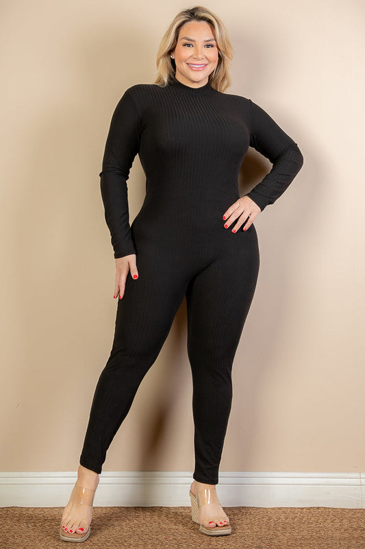 Plus Size Ribbed Mock Neck Long Sleeve Casual Jumpsuit (CAPELLA)