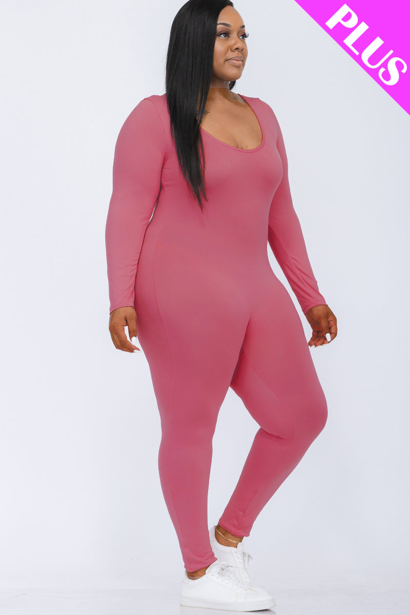 Plus Size Scoop Neck Long Sleeve Bodycon Jumpsuit (CAPELLA)