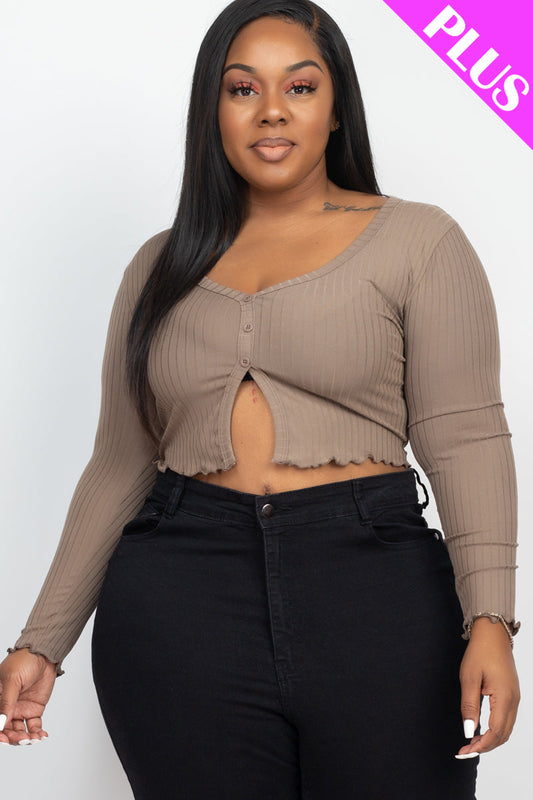 Plus Size Ribbed Button Front Split Long Sleeve Top (CAPELLA)