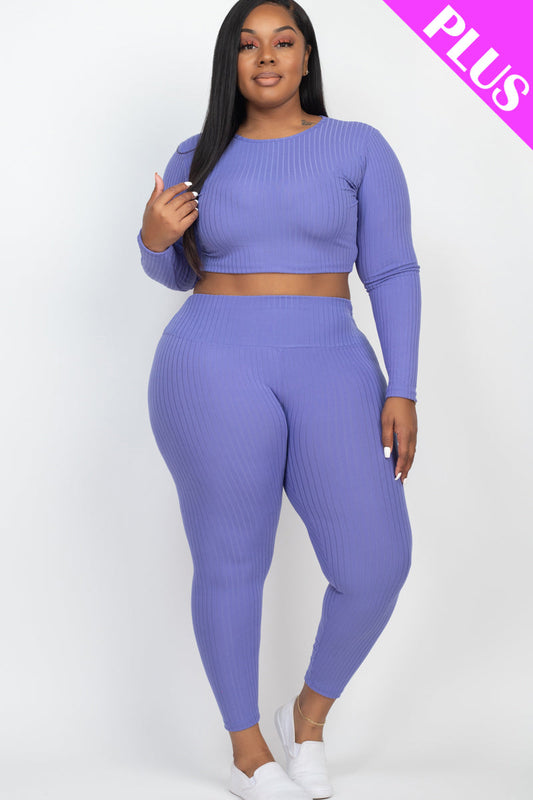 Plus Size Ribbed Long Sleeve Crop Top & Leggings Set (CAPELLA)